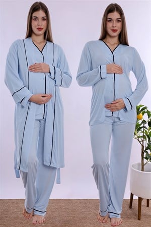 250742 Yumuşak Dokulu Pamuklu Sabahlıklı Hamile Lohusa Pijama Takımı  - Mavi