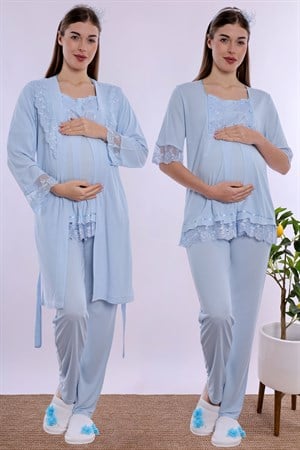 260342 Ayarlanabilir Bel Lastikli Sabahlıklı Hamile Lohusa Pijama Takımı  - Mavi
