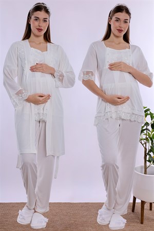 260342 Ayarlanabilir Bel Lastikli Sabahlıklı Hamile Lohusa Pijama Takımı  - Ekru