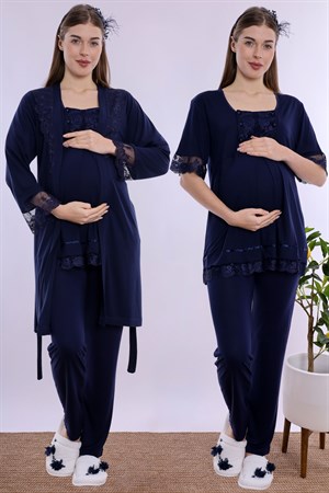 260342 Ayarlanabilir Bel Lastikli Sabahlıklı Hamile Lohusa Pijama Takımı  - Lacivert
