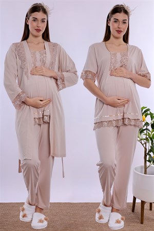 260342 Ayarlanabilir Bel Lastikli Sabahlıklı Hamile Lohusa Pijama Takımı  - Bej