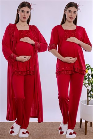 260372 Pamuklu Uzun Sabahlıklı Hamile Lohusa Emzirme Pijama Takımı  - Vişne