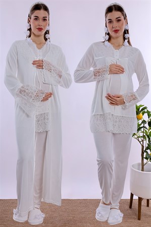 270442 Gizli Emzirme Özellikli Pamuklu Sabahlıklı Hamile Lohusa Pijama Takımı  - Ekru