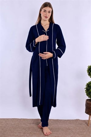 280982 Lacivert Sabahlıklı Hamile Lohusa Pijama Takımı