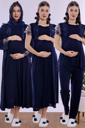 2T20502 Tesettürlü Hamilelik ve Lohusalık Dönemi Pamuklu Set 5 Parça  - Lacivert