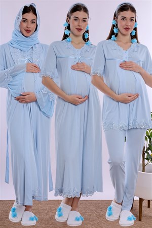 2T50362 Tesettürlü Konforlu Kesim Emzirme Özellikli Hamile Lohusa Set 5 Parça  - Mavi