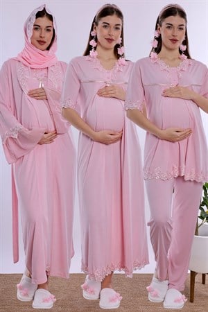 2T50362 Tesettürlü Konforlu Kesim Emzirme Özellikli Hamile Lohusa Set 5 Parça  - Pembe