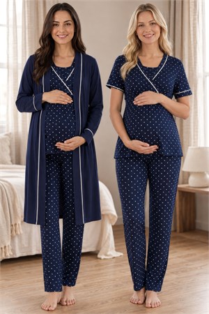 Effortt 2084 Lacivert Puantiyeli Emzirme Özellikli Sabahlıklı Hamile Lohusa Pijama Takımı