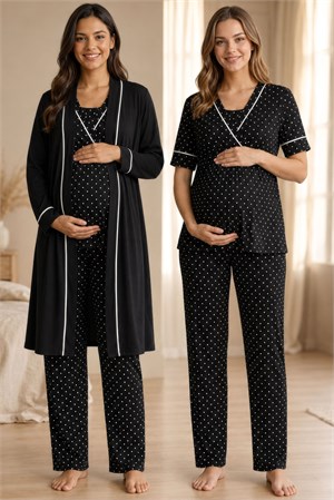 Effortt 2084 Siyah Puantiyeli Emzirme Özellikli Sabahlıklı Hamile Lohusa Pijama Takımı