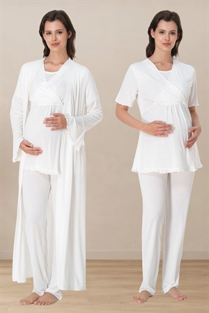 Effortt 3034 Ekru Yumuşak Dokulu Pamuklu Sabahlıklı Hamile Lohusa Pijama Takımı