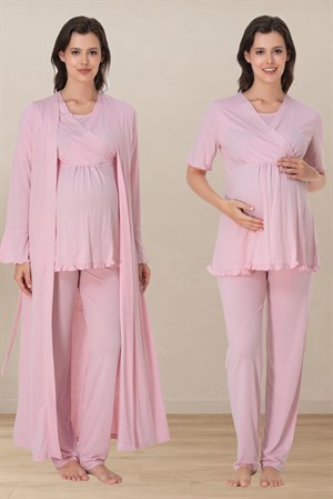 Effortt 3034 Pembe Yumuşak Dokulu Pamuklu Sabahlıklı Hamile Lohusa Pijama Takımı