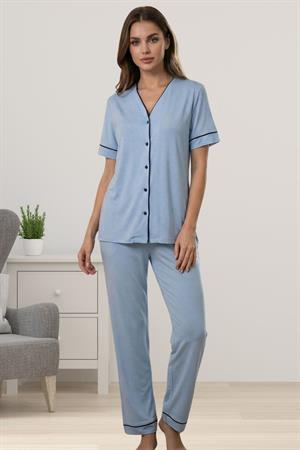 Effortt 3072 Pamuklu Kumaş Önden Düğmeli Rahat Kesim Hamile Lohusa Pijama Takımı - Mavi