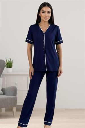 Effortt 3072 Pamuklu Kumaş Önden Düğmeli Rahat Kesim Hamile Lohusa Pijama Takımı - Lacivert