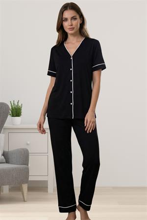 Effortt 3072 Pamuklu Kumaş Önden Düğmeli Rahat Kesim Hamile Lohusa Pijama Takımı - Siyah