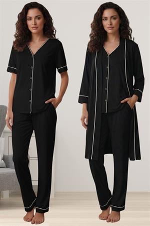 Effortt 3074 Rahat Kesim Sabahlıklı Hamile Lohusa Pijama Takımı - Siyah