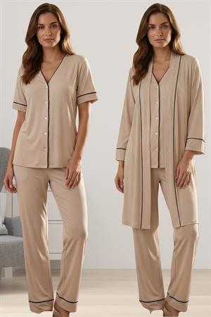 Effortt 3074 Rahat Kesim Sabahlıklı Hamile Lohusa Pijama Takımı - Bej
