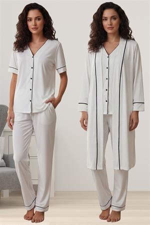 Effortt 3074 Rahat Kesim Sabahlıklı Hamile Lohusa Pijama Takımı - Ekru