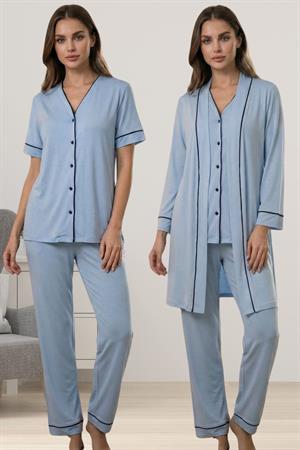 Effortt 3074 Rahat Kesim Sabahlıklı Hamile Lohusa Pijama Takımı - Mavi