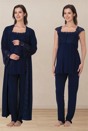 Effortt 4064 Lacivert Emzirme Özellikli Dantel Detaylı Sabahlıklı Hamile Lohusa Pijama Takımı