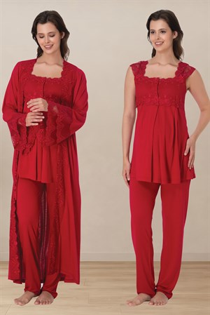 Effortt 4064 Vişne Emzirme Özellikli Dantel Detaylı Sabahlıklı Hamile Lohusa Pijama Takımı