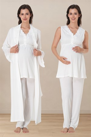 Effortt 5064 Ekru Ayarlanabilir Bel Lastikli Sıfır Kol Sabahlıklı Hamile Lohusa Pijama Takımı