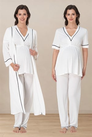 Effortt 5094 Ekru Pamuklu Sabahlıklı Hamile Lohusa Emzirme Pijama Takımı Ayarlanabilir Bel Lastikli