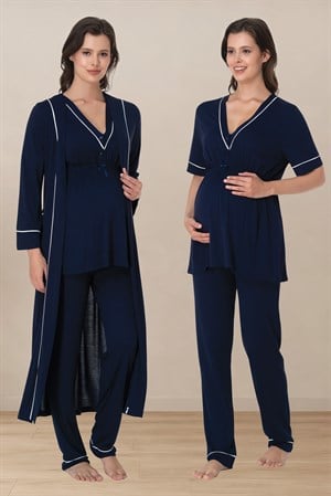 Effortt 5094 Lacivert Pamuklu Sabahlıklı Hamile Lohusa Emzirme Pijama Takımı Ayarlanabilir Bel Lastikli