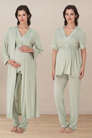 Effortt 5094 Yeşil Pamuklu Sabahlıklı Hamile Lohusa Emzirme Pijama Takımı Ayarlanabilir Bel Lastikli