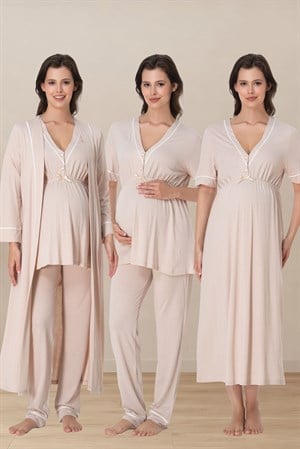 Effortt 5096 Bej Hamilelik ve Lohusalık Dönemi Pamuklu Set 4 Parça
