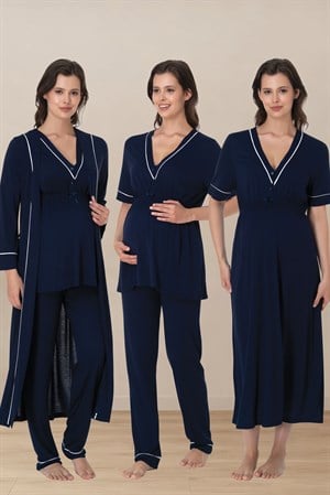Effortt 5096 Lacivert Hamilelik ve Lohusalık Dönemi Pamuklu Set 4 Parça