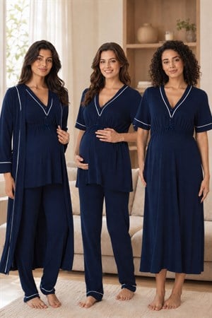 Effortt 5096 Lacivert Hamilelik ve Lohusalık Dönemi Pamuklu Set 4 Parça
