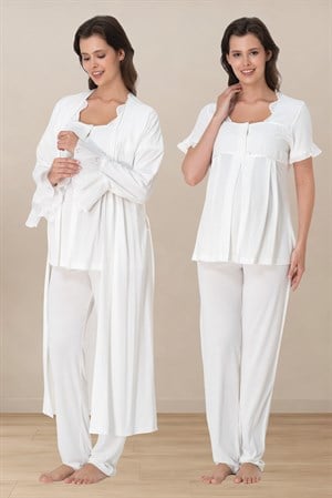 Effortt 7024 Ekru Ayarlanabilir Bel Lastikli Kısa Kol Sabahlıklı Hamile Lohusa Pijama Takımı