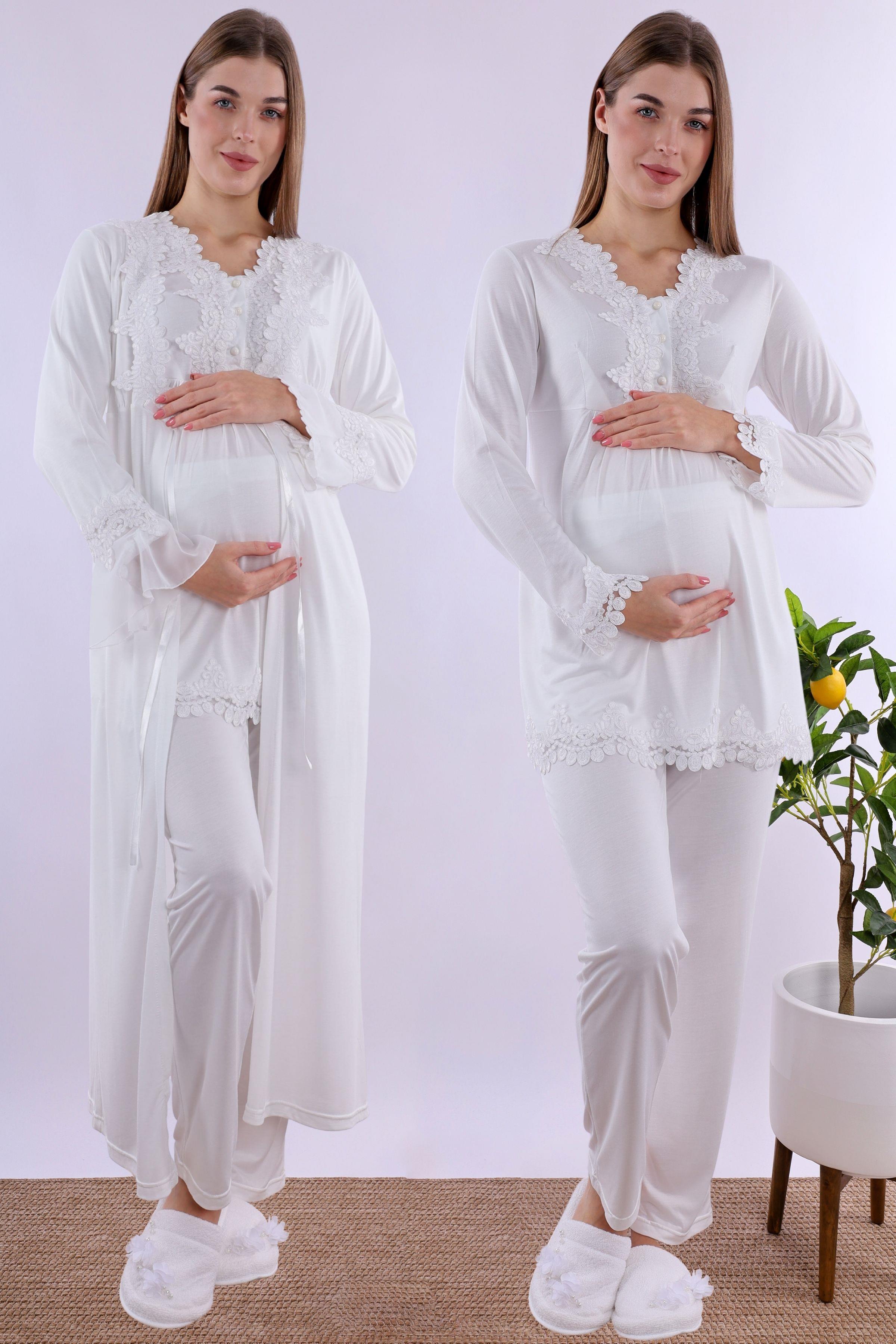 215172 Ekru Sabahlıklı Hamile Lohusa Pijama Takımı
