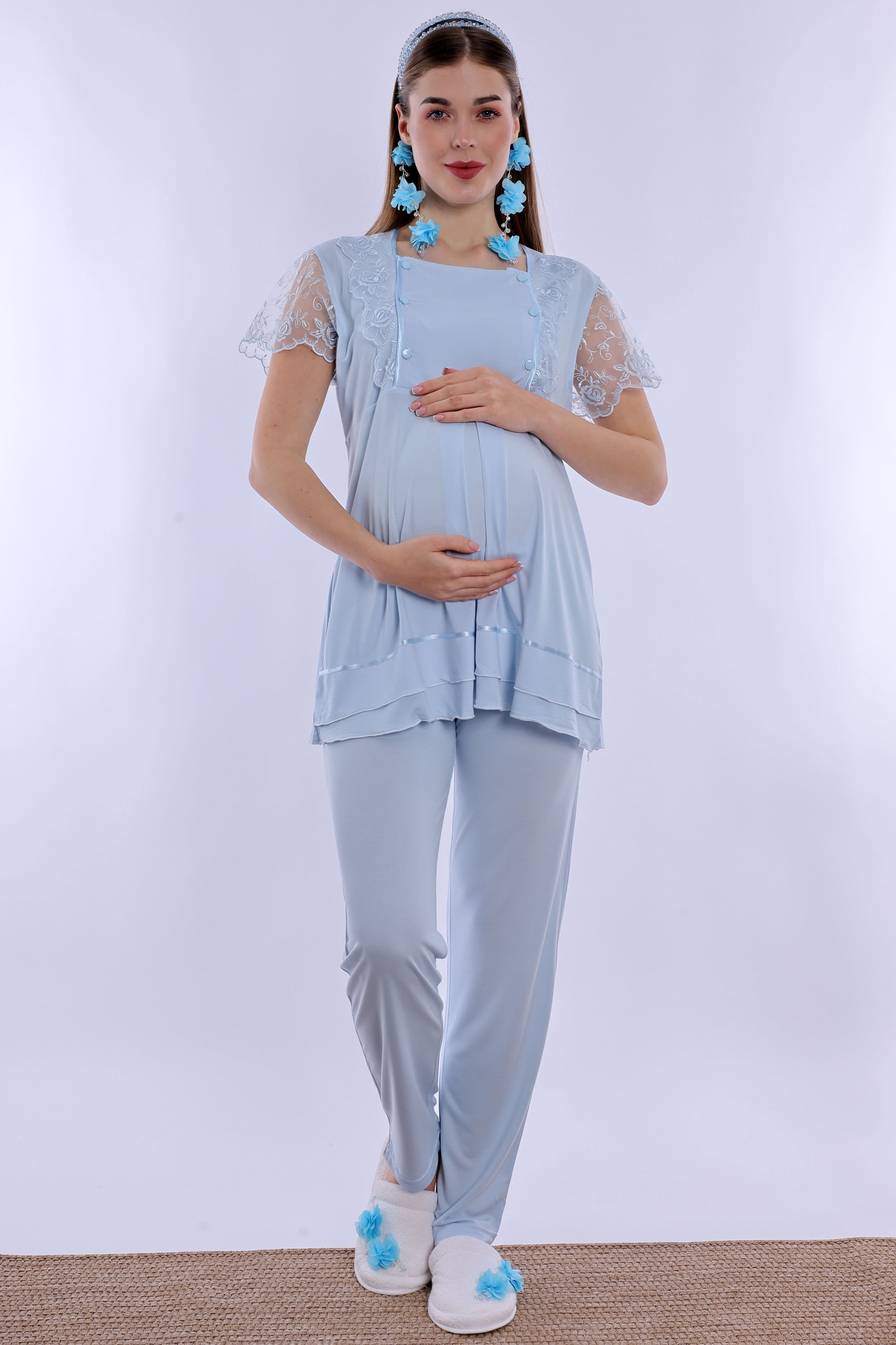 220512 Emzirme Özellikli Hamile Lohusa Pijama Takımı  - Mavi