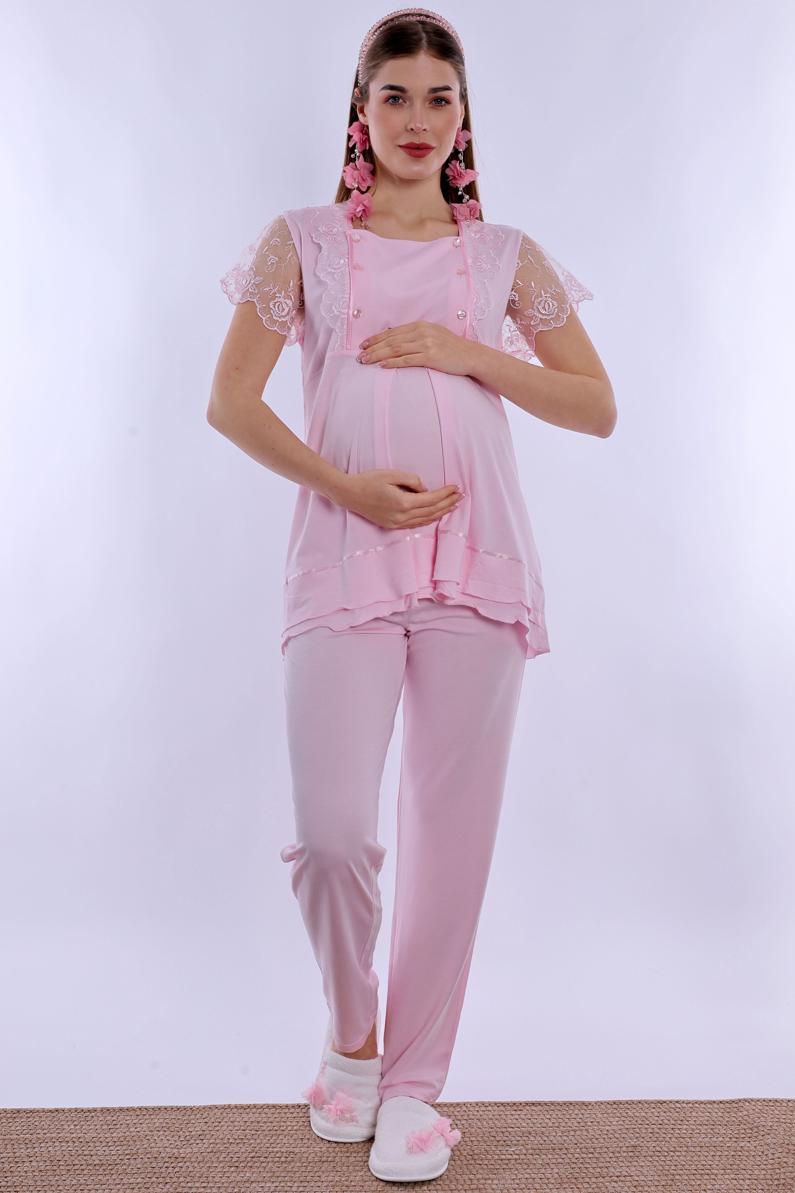 220512 Emzirme Özellikli Hamile Lohusa Pijama Takımı  - Pembe