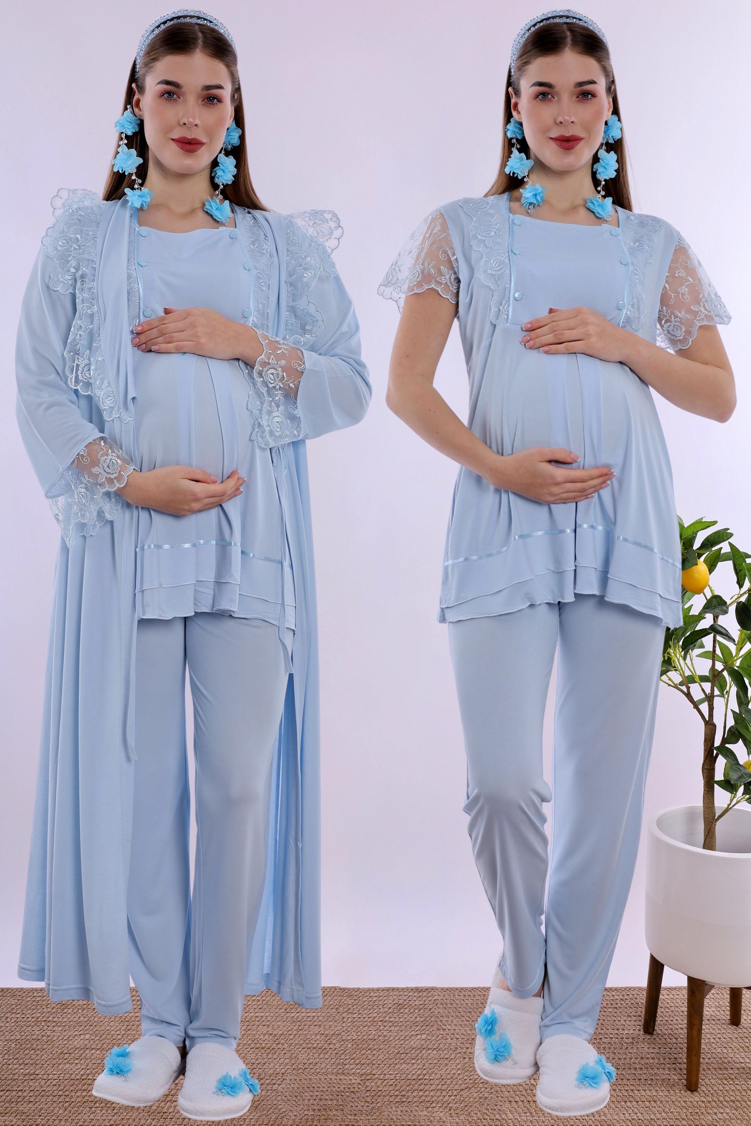 220542 Pamuklu Sabahlıklı Hamile Lohusa Emzirme Pijama Takımı Ayarlanabilir Bel Lastikli  - Mavi