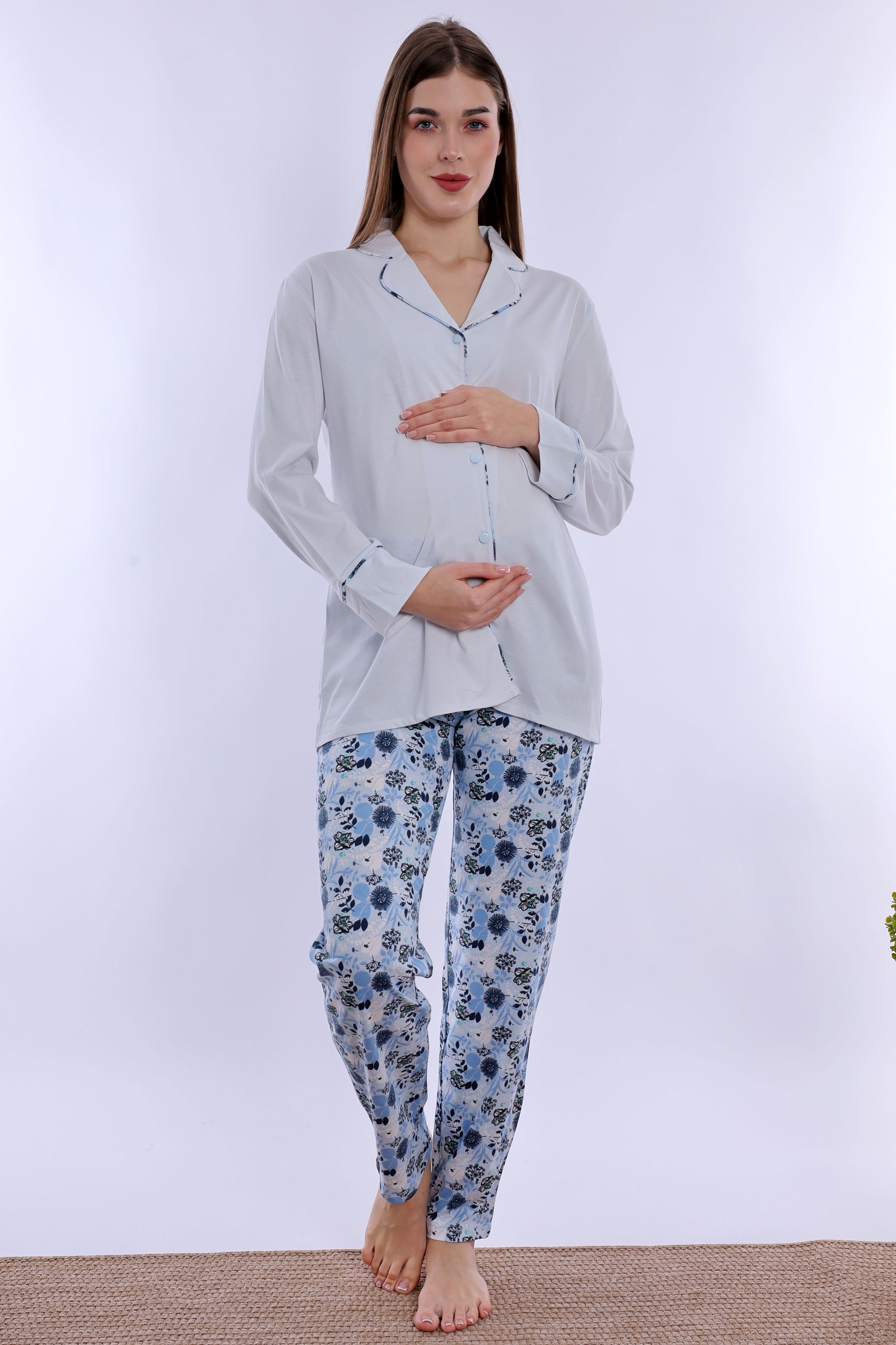 220622 Doğum Öncesi ve Sonrası Kullanıma Uygun Hamile Lohusa Pijama Takımı  - Mavi