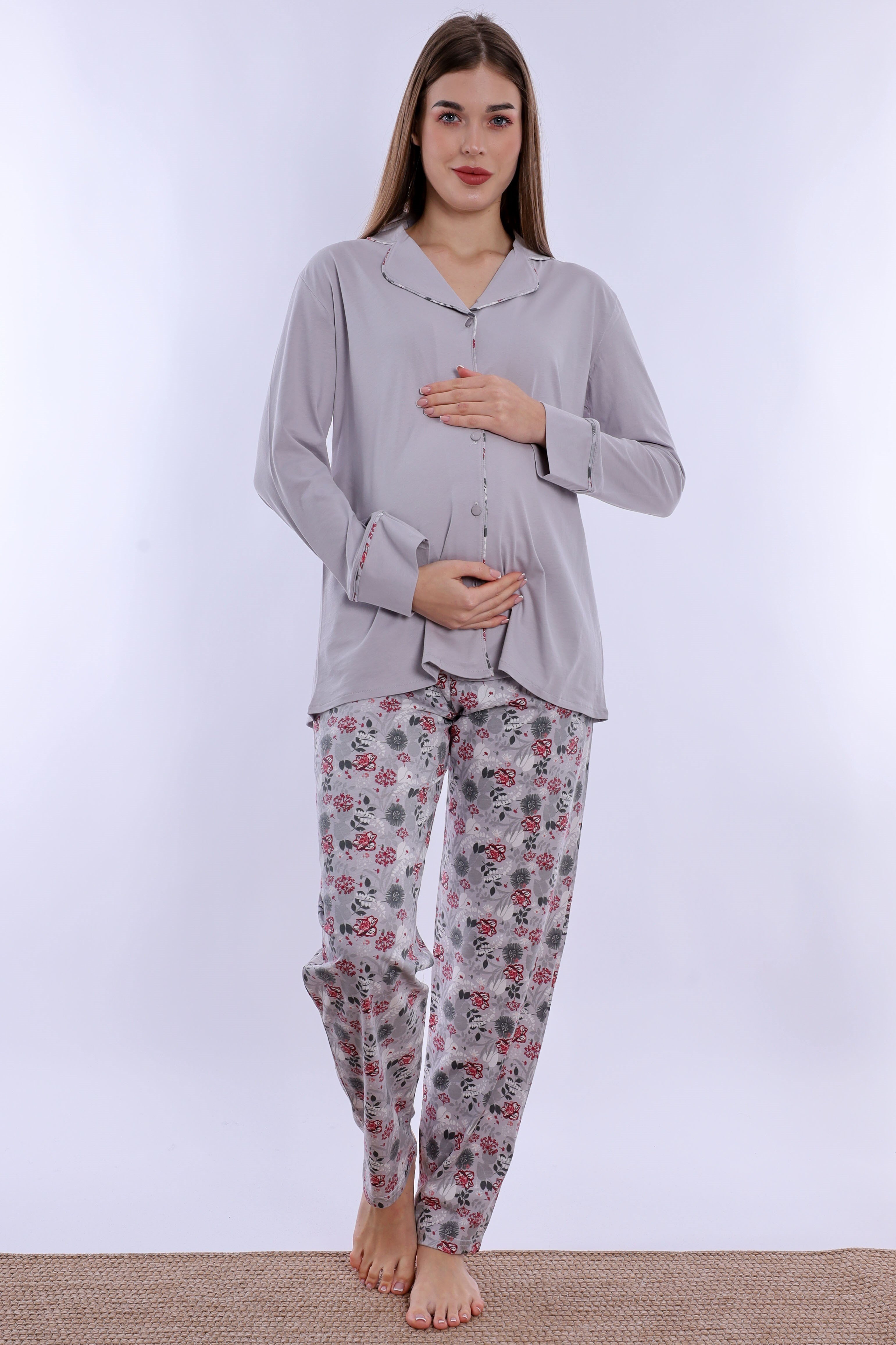220622 Doğum Öncesi ve Sonrası Kullanıma Uygun Hamile Lohusa Pijama Takımı  - Gri