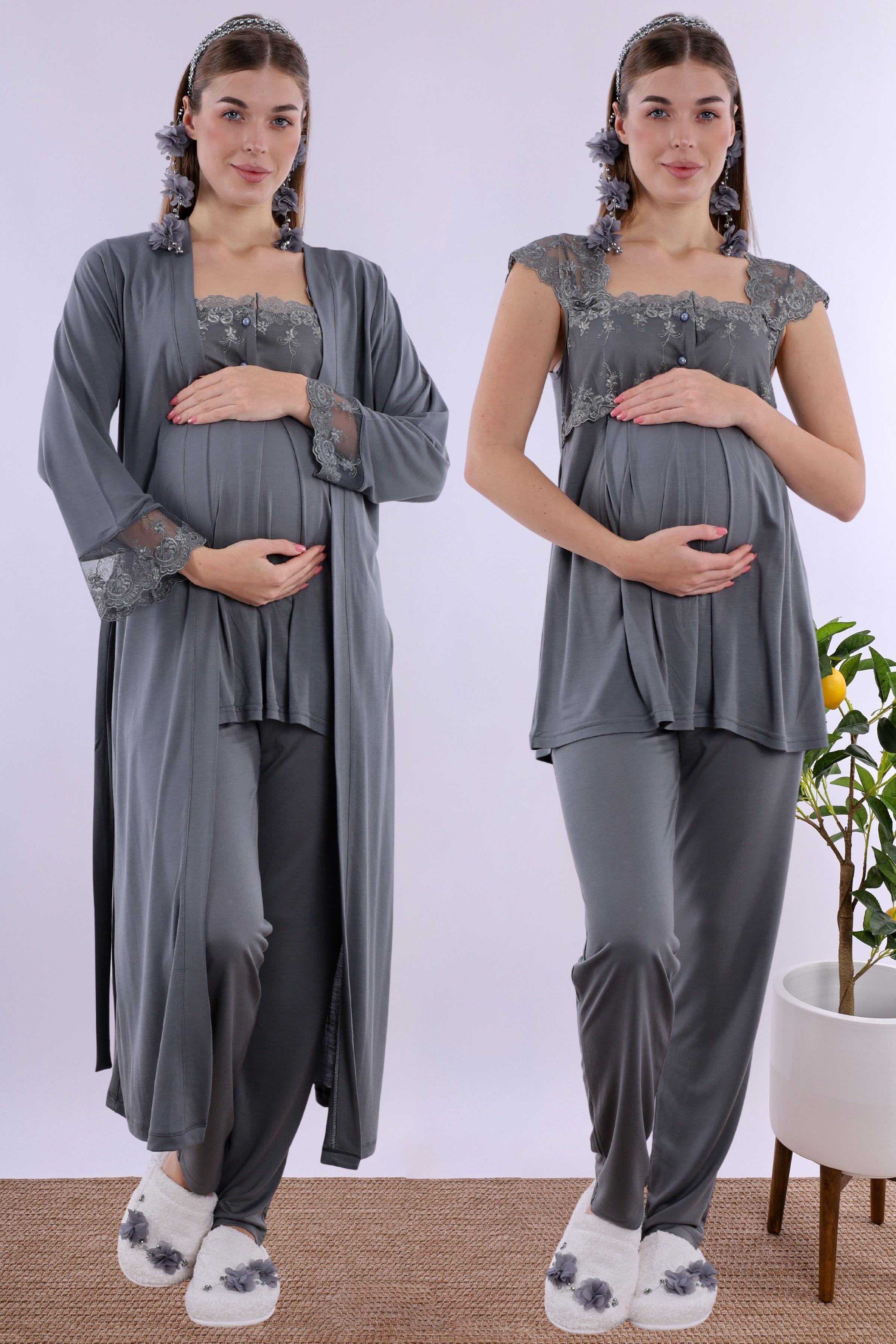 223072 Füme Uzun Sabahlıklı Hamile Lohusa Pijama Takımı