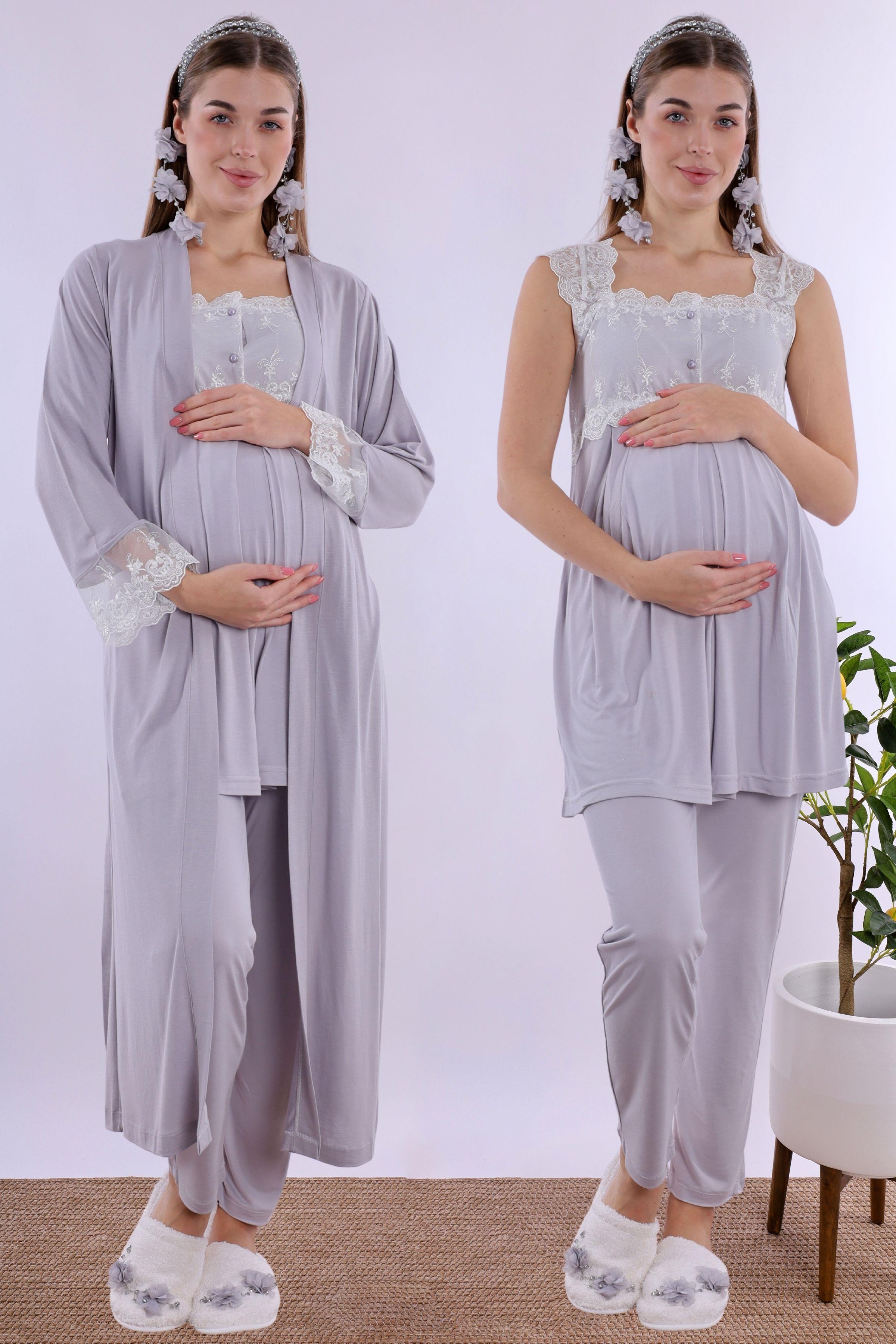 223072 Gri Uzun Sabahlıklı Hamile Lohusa Pijama Takımı