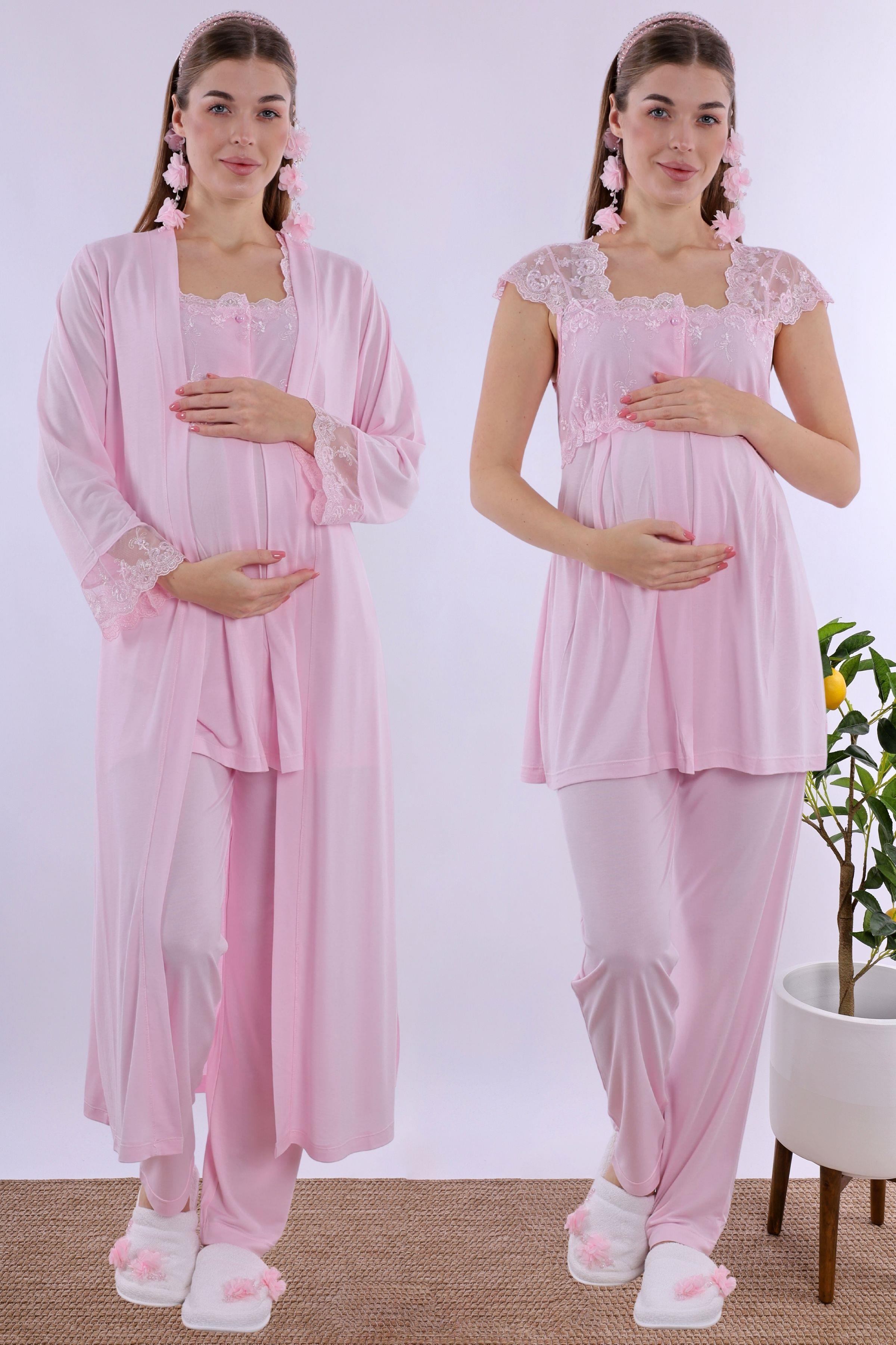 223072 Pembe Uzun Sabahlıklı Hamile Lohusa Pijama Takımı