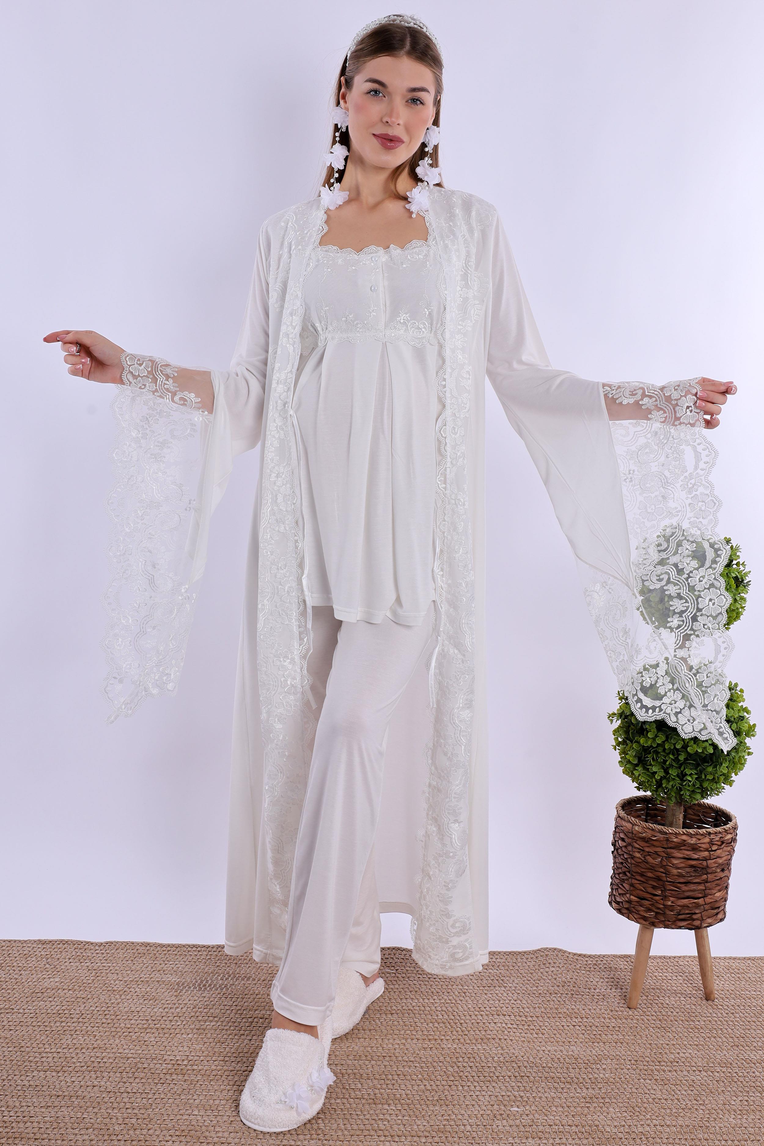 230182 Ekru Sabahlıklı Hamile Lohusa Pijama Takımı