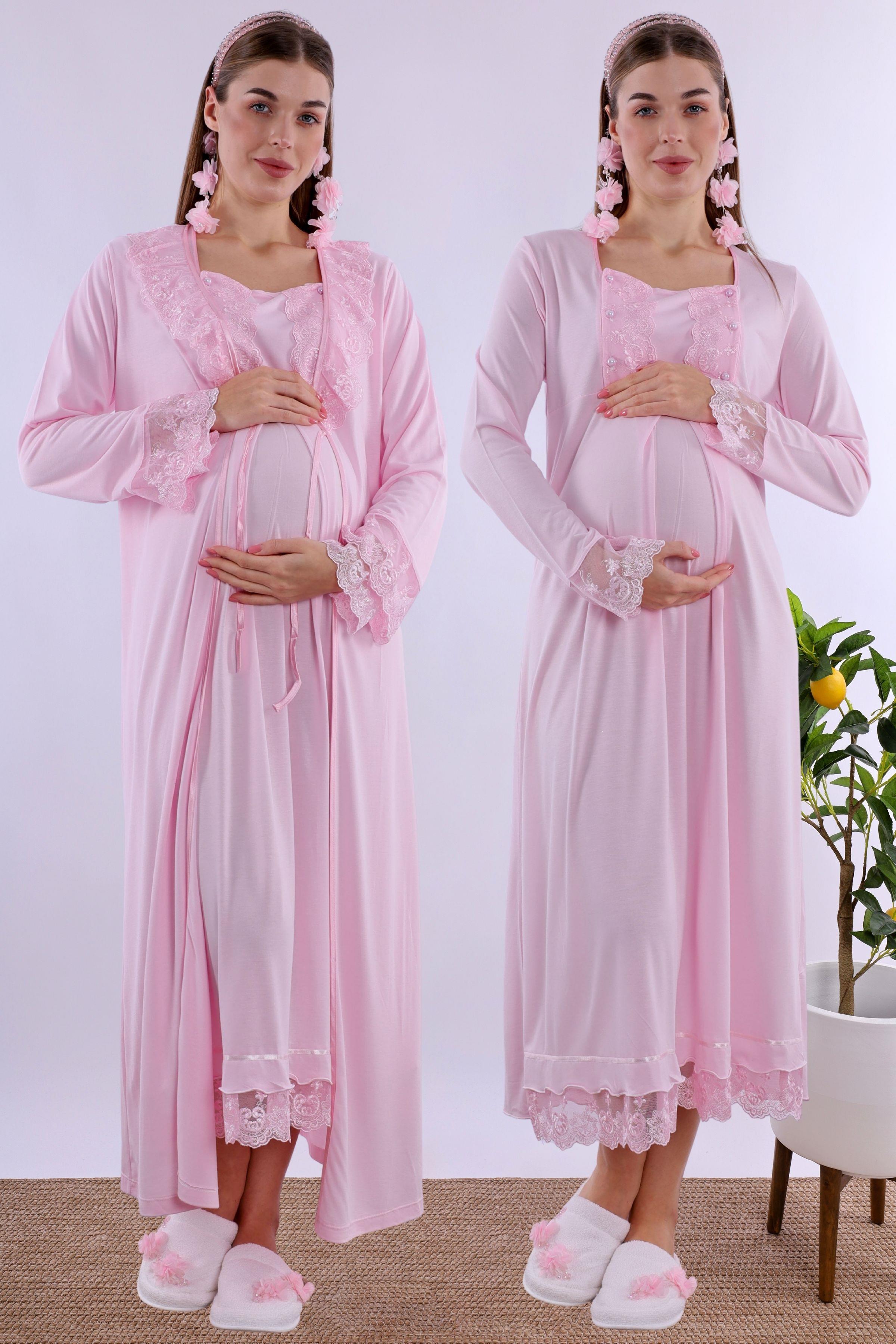 230412 Pembe Sabahlıklı Hamile Lohusa Gecelik Takım