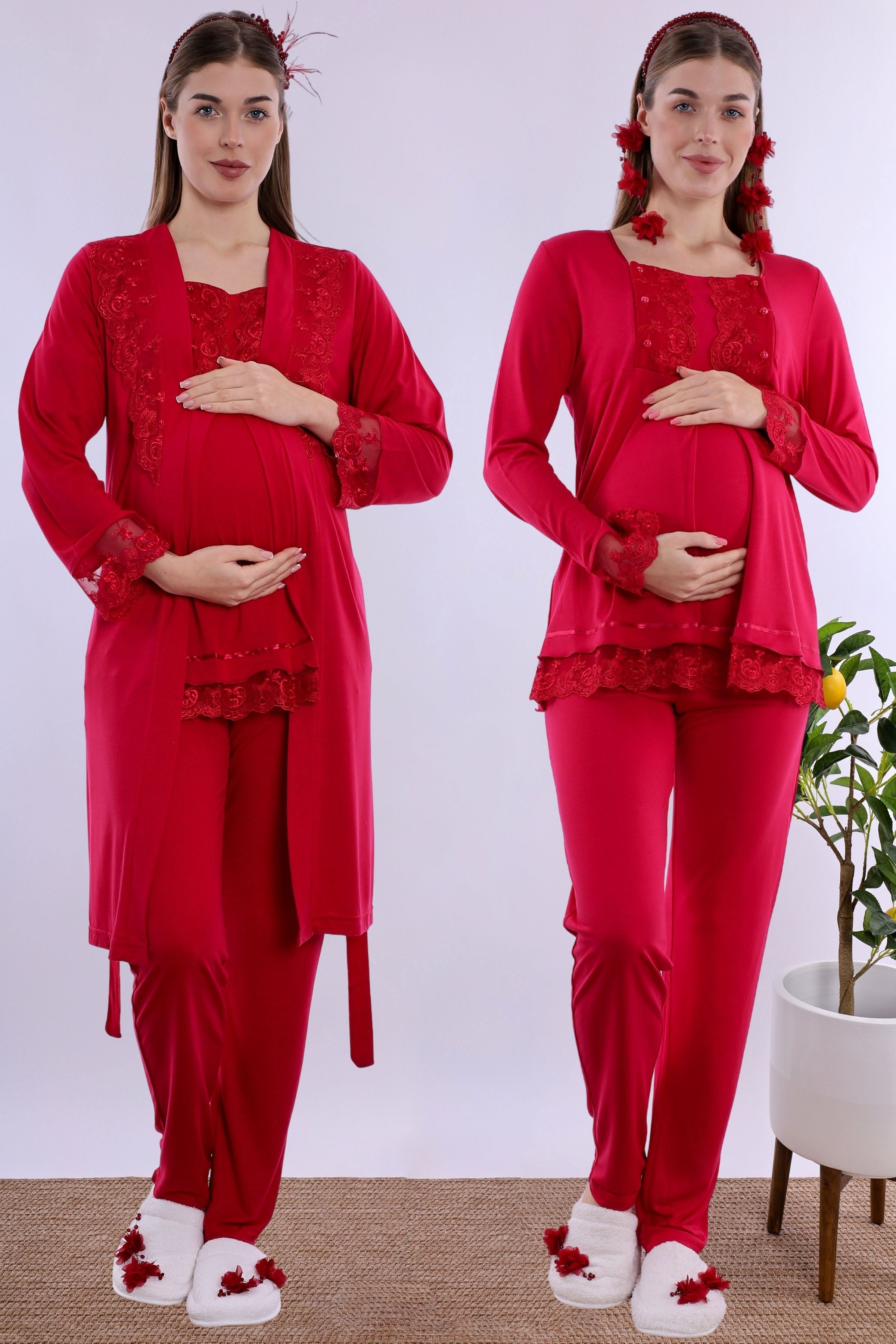 230442 Rahat Kesim Emzirme Özellikli Sabahlıklı Hamile Lohusa Pijama Takımı  - Vişne