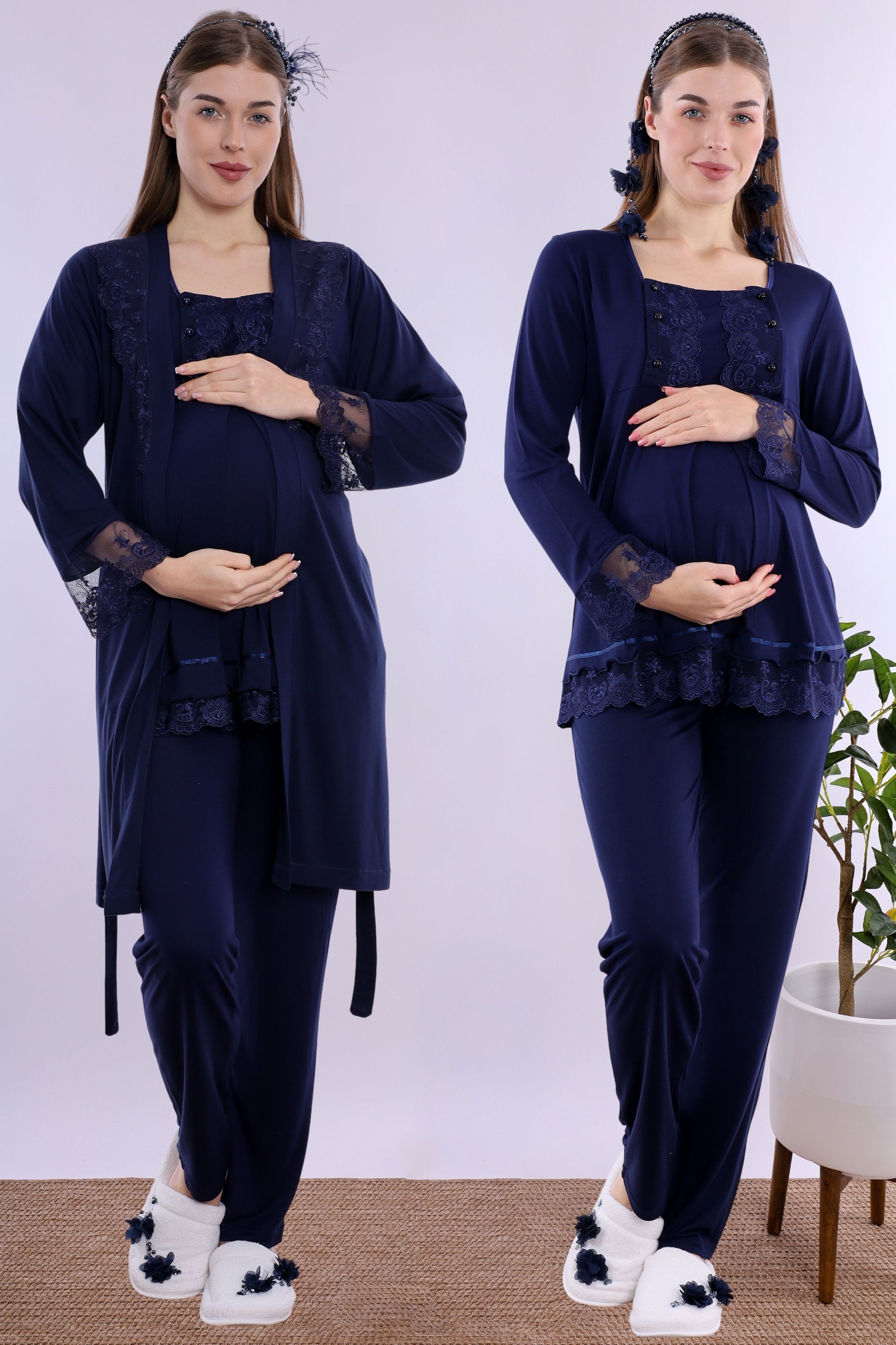 230442 Rahat Kesim Emzirme Özellikli Sabahlıklı Hamile Lohusa Pijama Takımı  - Lacivert