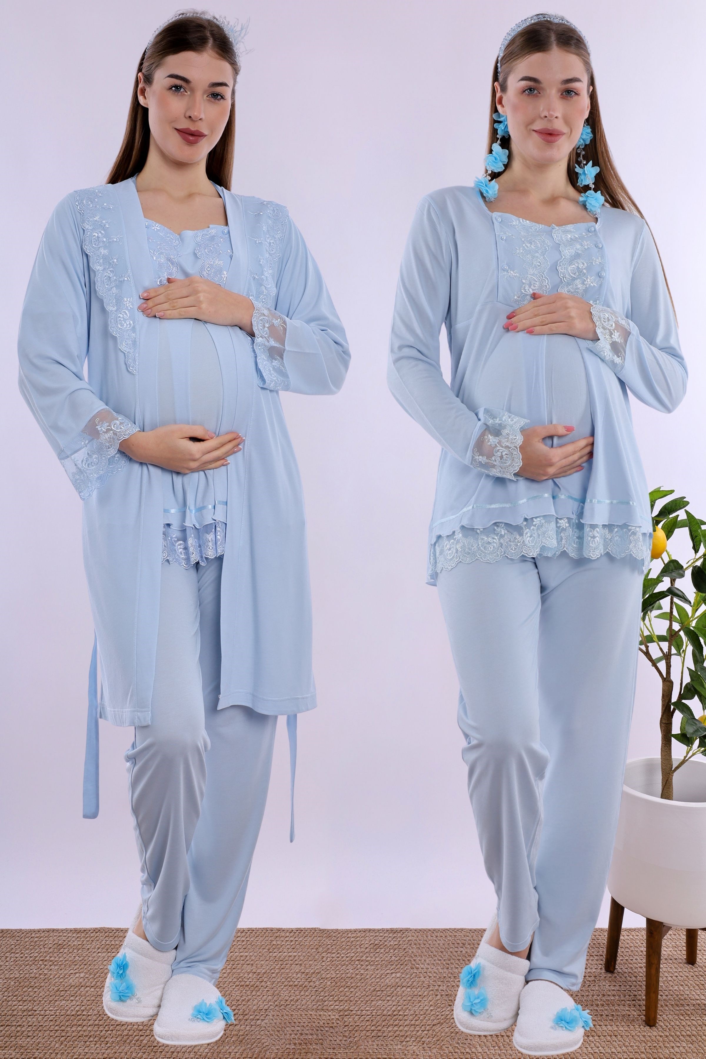 230442 Rahat Kesim Emzirme Özellikli Sabahlıklı Hamile Lohusa Pijama Takımı  - Mavi
