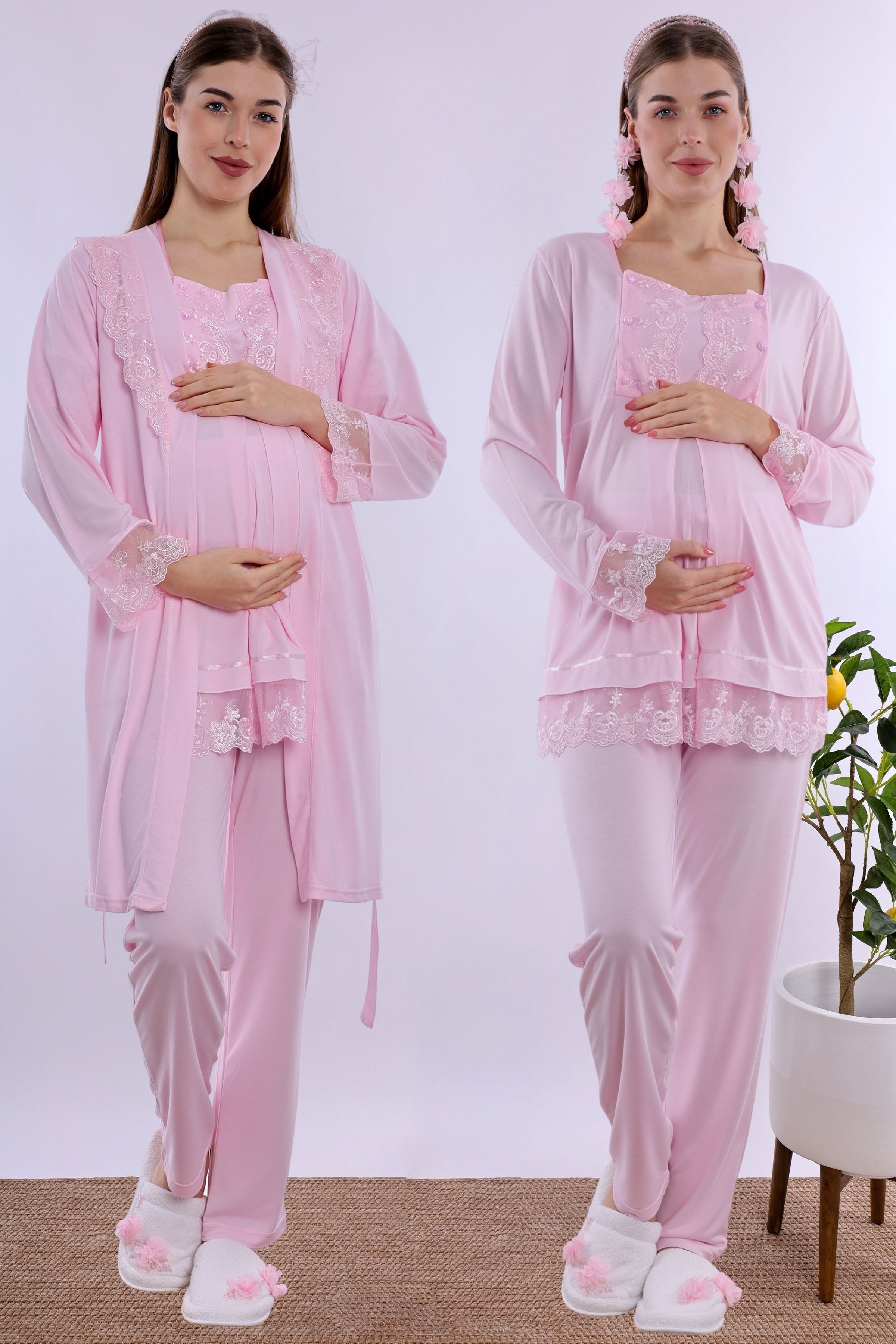 230442 Rahat Kesim Emzirme Özellikli Sabahlıklı Hamile Lohusa Pijama Takımı  - Pembe