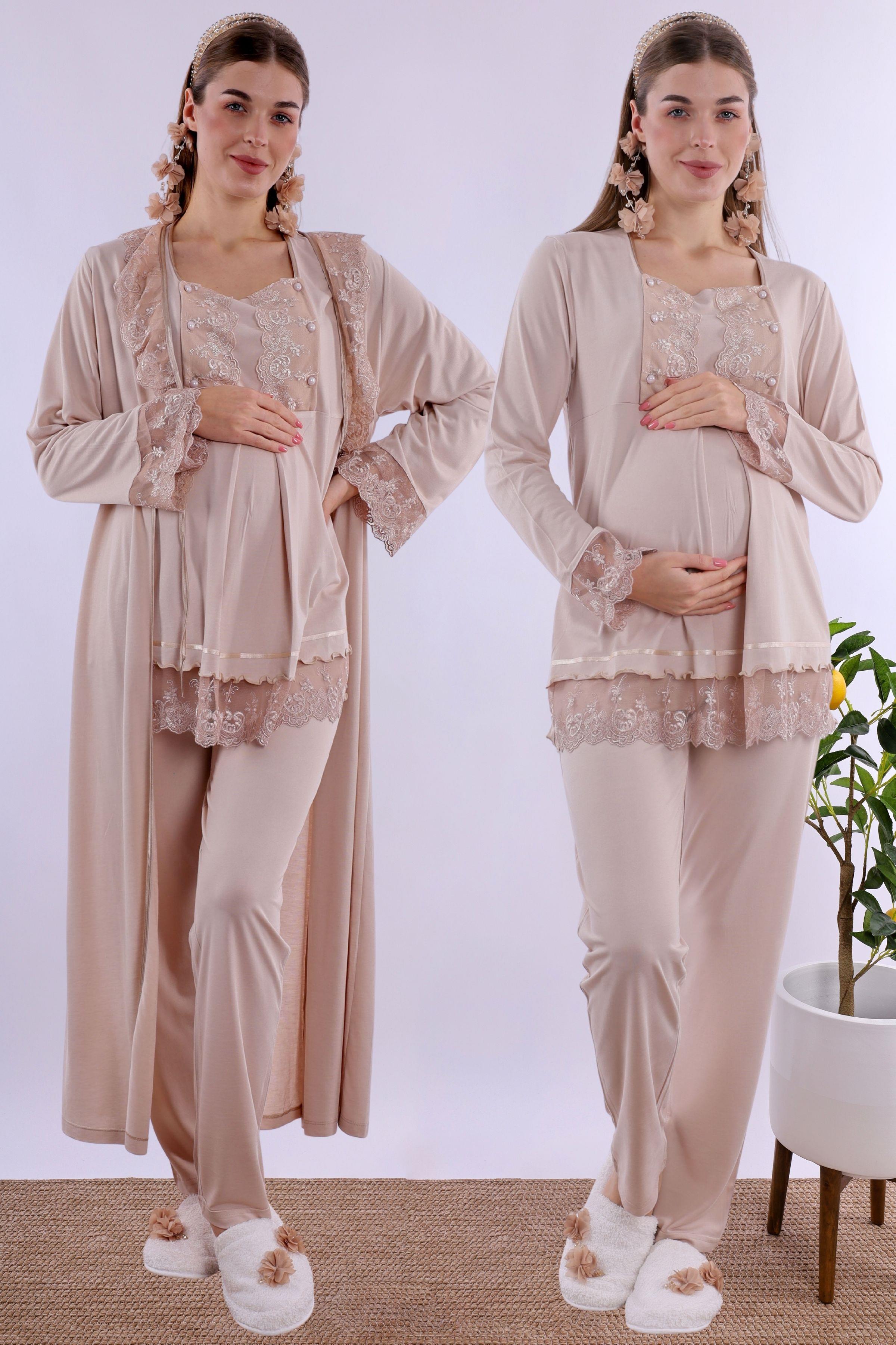 230472 Bej Uzun Sabahlıklı Hamile Lohusa Pijama Takımı