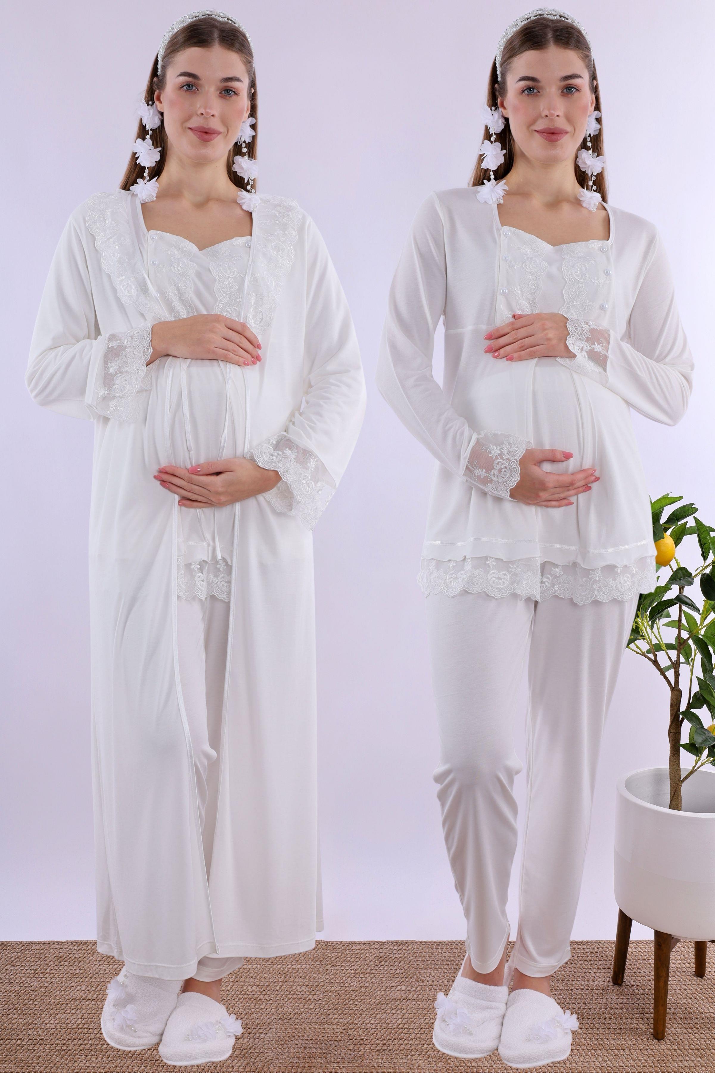 230472 Ekru Uzun Sabahlıklı Hamile Lohusa Pijama Takımı