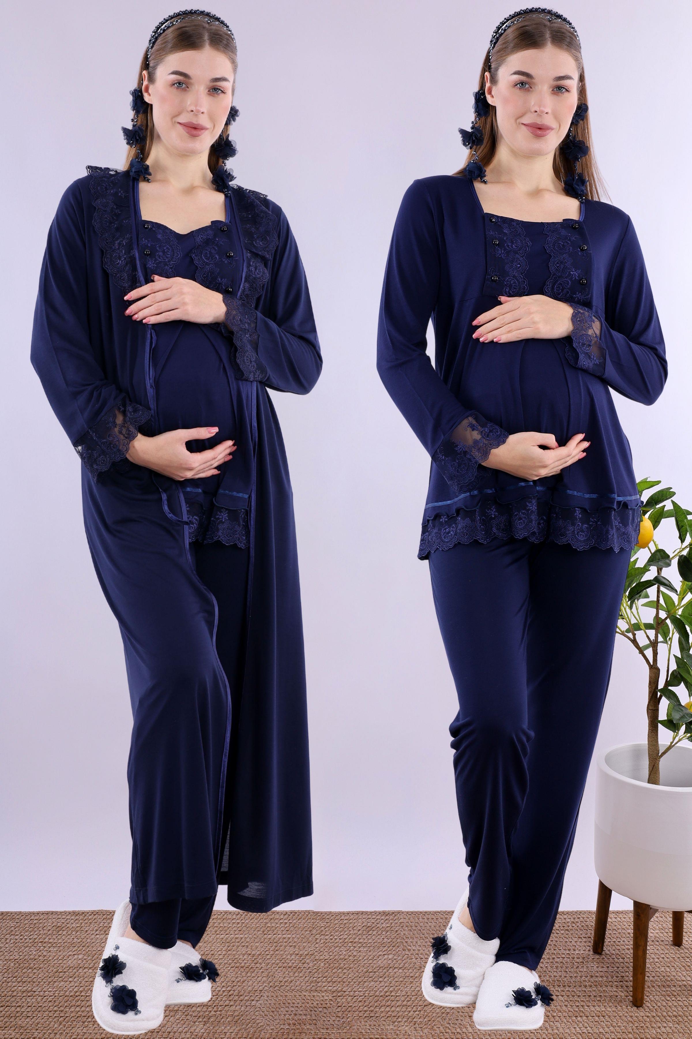 230472 Lacivert Uzun Sabahlıklı Hamile Lohusa Pijama Takımı